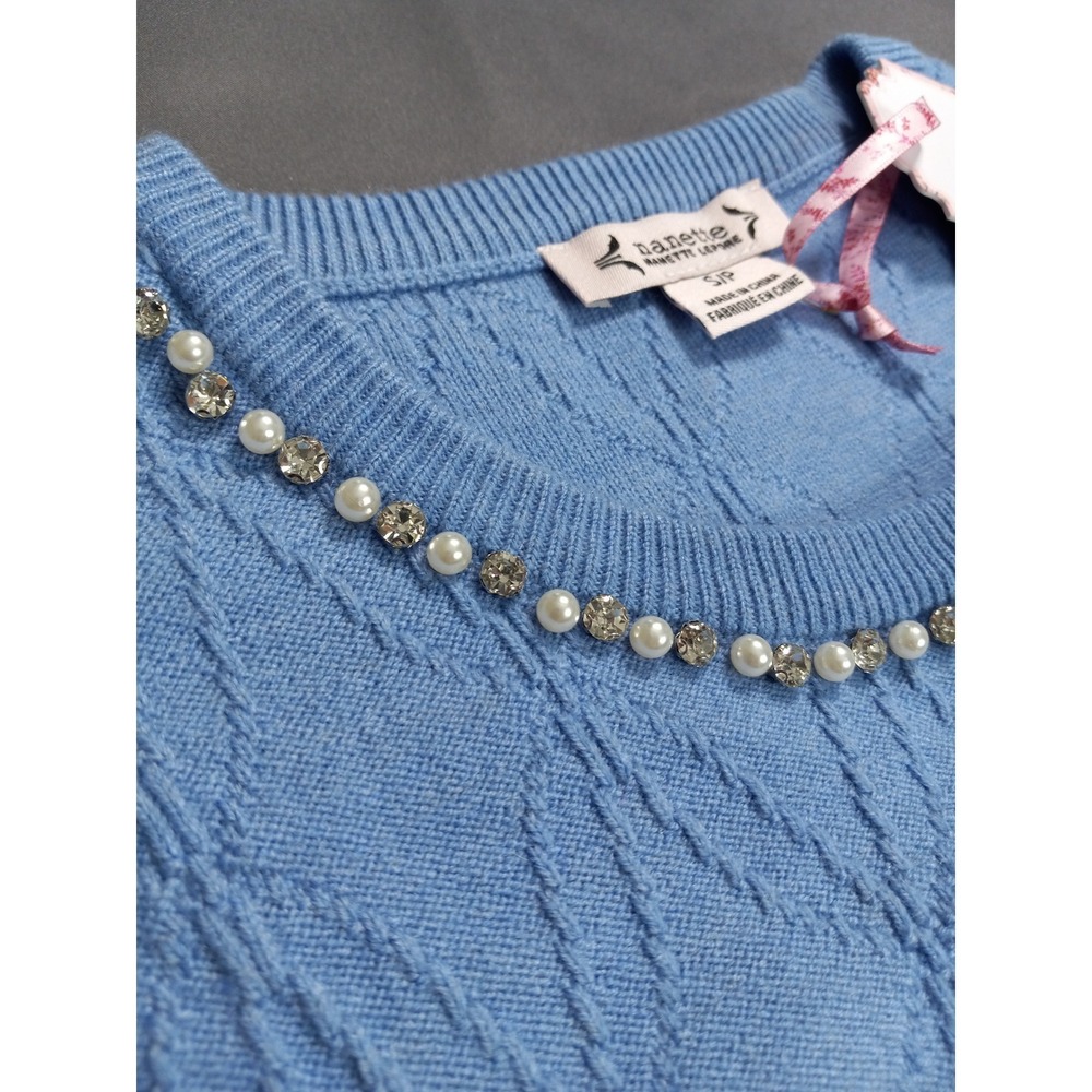 NWT Nanette Lepore Blue Pointelle Rhinestone Embellished Sweater Size S - Picture 2 of 11